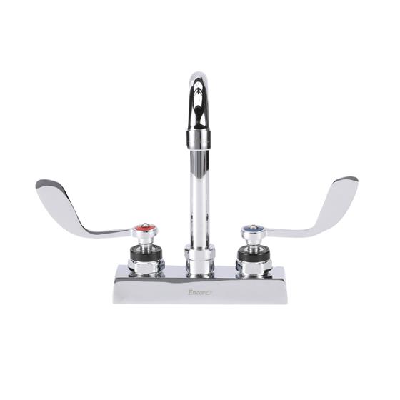 Picture of Encore 4" OC Deck Mount Faucet Ceramic Valves with 3-1/2" Swivel Gooseneck Spout with 4" Wrist Blade Handles, Retail Packaging