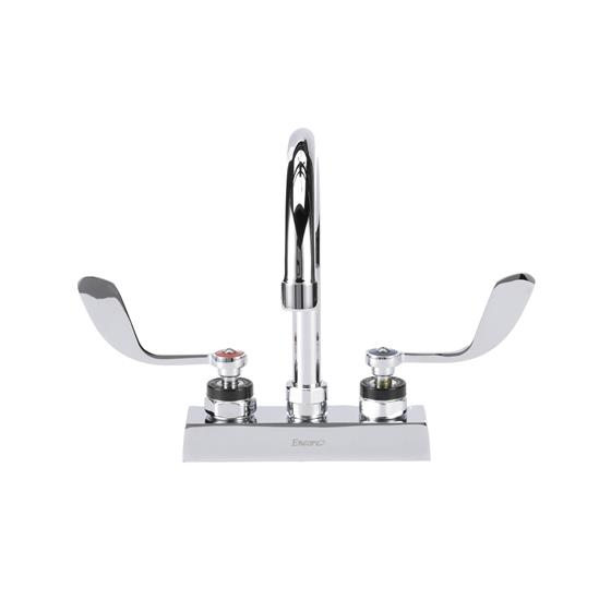 Picture of Encore 4" OC Deck Mount Faucet Ceramic Valves with 6" Swivel Gooseneck Spout and 4" Wrist Blade Handles, retail Packaging