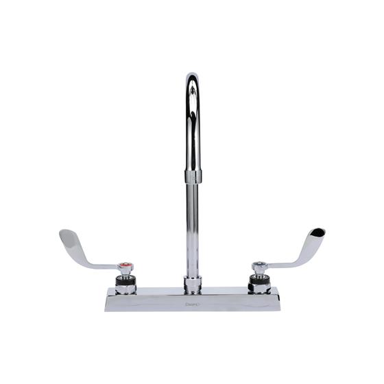 Picture of Encore 8" OC Deck Mount Faucet Ceramic Valves with 8-1/2" Swivel Gooseneck Spout and 4" Wrist Blade Handles, Retail Packaging