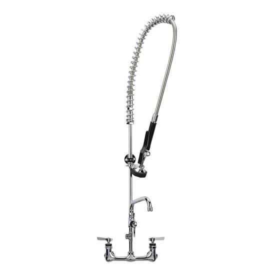 Picture of Encore® 8" OC. Brass Chrome Plated Wall Mount Pre Rinse Assembly with 12" Add On Faucet , Water Supply Tee kit with Adapters for Sanitizing Systems