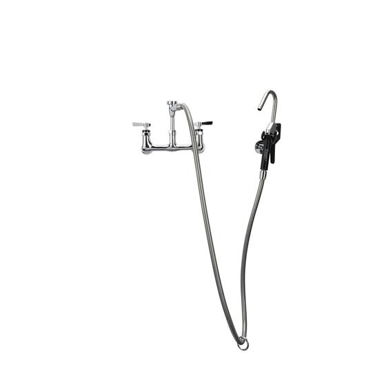 Picture of Encore® 8" OC. Brass Chrome Plated Wall Mount Pot Filler Assembly Hooked Spray Head  Vacuum Breaker and 72" Hose