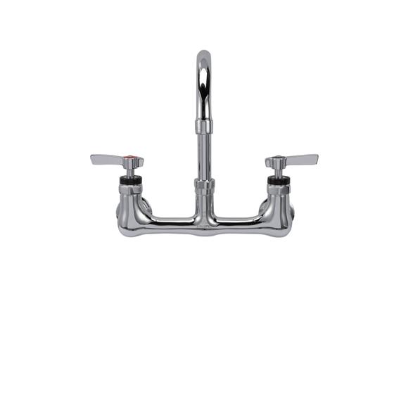 Picture of Encore® 8" OC. Brass Chrome Plated Wall Mount Faucet Ceramic Valves with 6" Swivel Gooseneck Spout, Retail Packaging