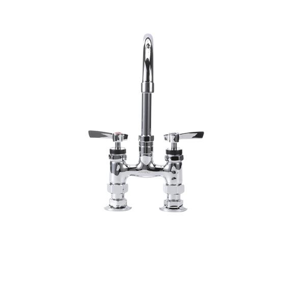 Picture of Encore® 4" OC Brass Chrome Plated Elevated Deck Mount Faucet with 6" Swivel Gooseneck Spout, Lever Handles and Retail Packaging