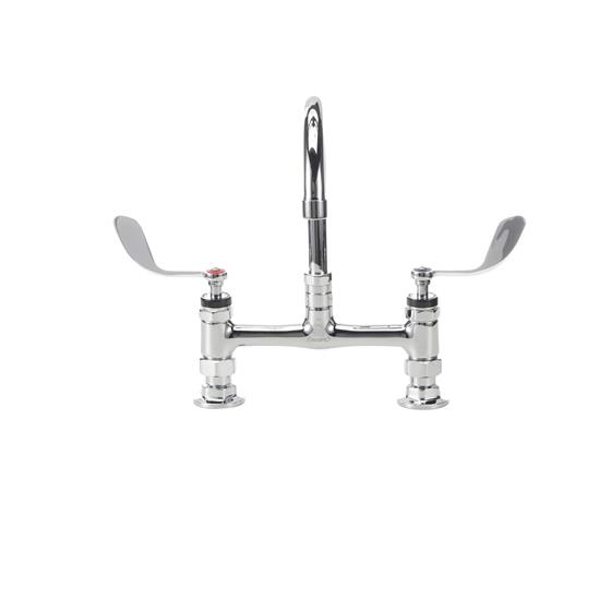 Picture of Encore® 8" OC Brass Chrome Plated Deck Mount Faucet 6" Swivel Gooseneck Spout and 4" Wrist Blade Handles
