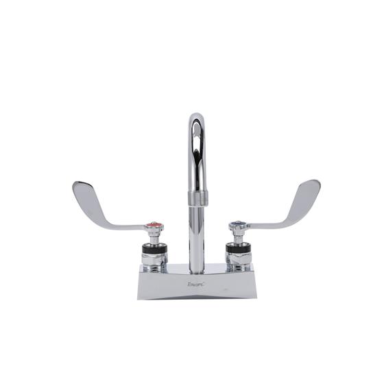 Picture of Encore® Brass Chrome Plated 4" OC Centerset Deck Mount Faucet with 6" Rigid Gooseneck Spout and 4" Wrist Blade Handles