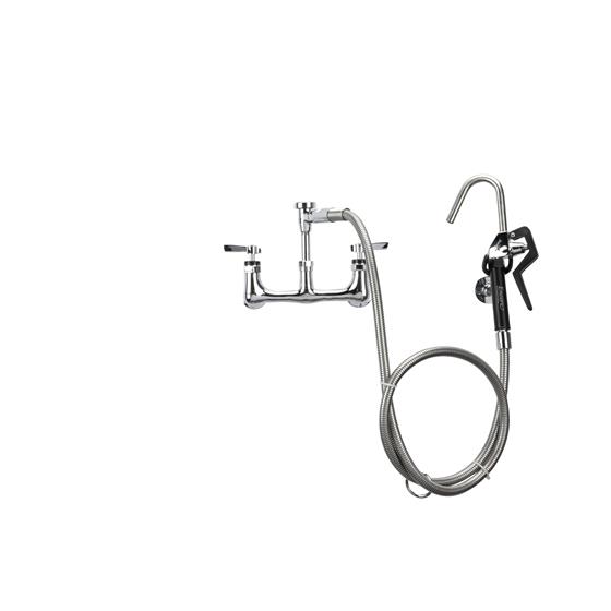 Picture of Encore® 8" OC. Brass Chrome Plated Wall Mount Pot Filler Assembly Hooked Spray Head Ceramic Valves Vacuum Breaker and 72" Hose