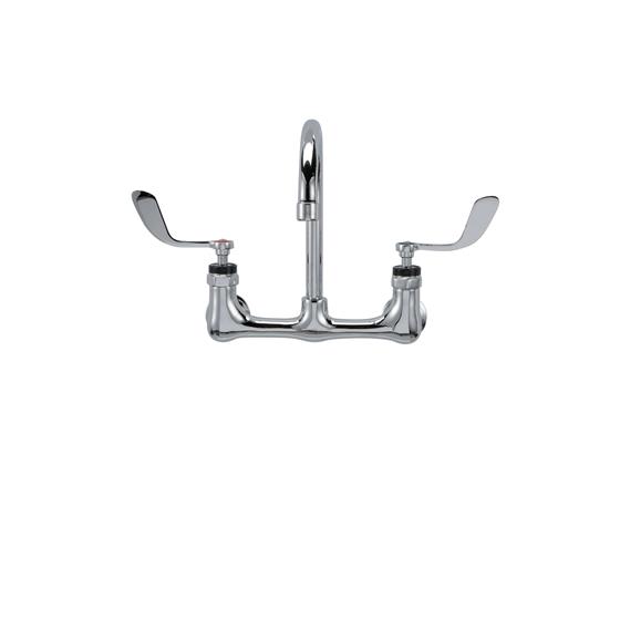 Picture of Encore® 8" OC. Brass Chrome Plated Wall Mount Faucet with 6-1/2" Rigid Gooseneck Spout 4" Wrist Blade Handles