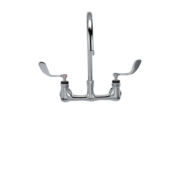 Picture of Encore® 8" OC. Brass Chrome Plated Wall Mount Faucet Ceramic Valves with 8" Rigid Gooseneck Spout 4" Wrist Blade Handles