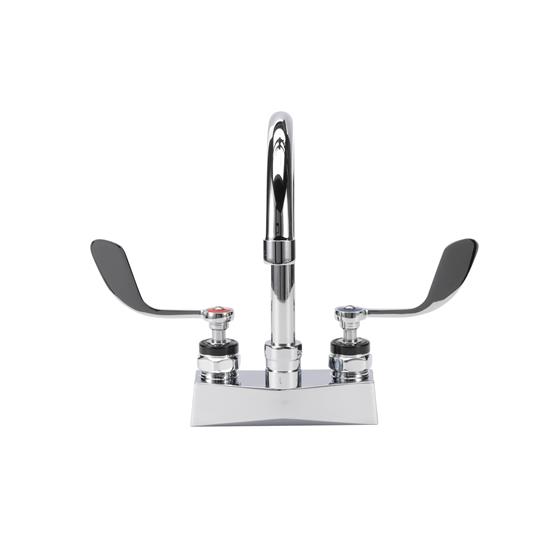 Picture of Encore® Brass Chrome Plated 4" OC Deck Mount Faucet Ceramic Valves with 6" Swivel Gooseneck Spout 4" Wrist Blade Handles