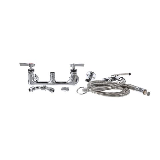 Picture of Encore® 8" OC. Brass Chrome Plated Wall Mount Pot Filler Assembly Hooked Spray Head and 72" Hose