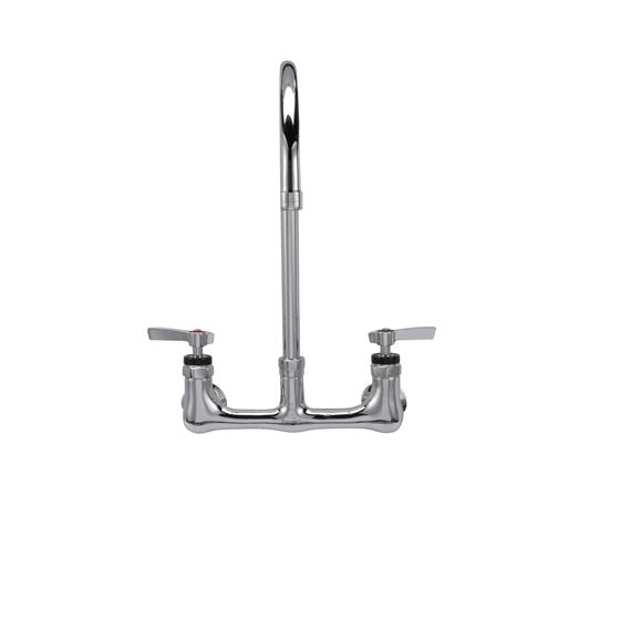 Picture of Encore® 8" OC. Brass Chrome Plated Wall Mount Faucet with 8" Swivel Gooseneck Spout Lever Handles and Retail Packaging